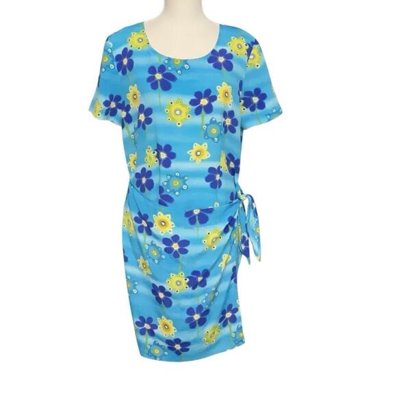 Christy Lyn Vintage Floral Faux Wrap Spring dress Blue Yellow Zip Back Size 9/10 - Picture 1 of 7